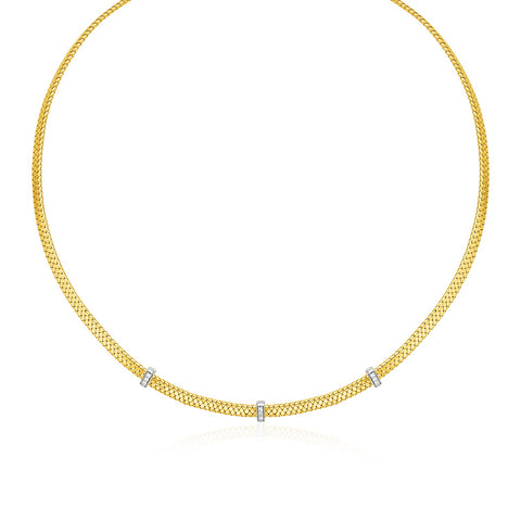 14k Two Tone Gold Basket Weave Necklace with Diamonds