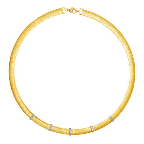 14k Two Tone Gold 17 3/4 inch Silk Textured Necklace with Diamonds