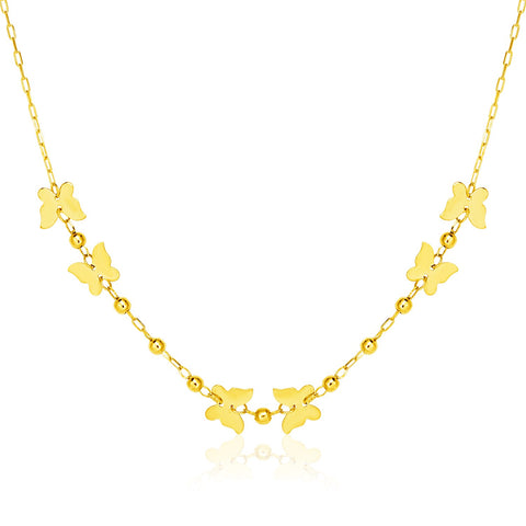 14k Yellow Gold 18 inch Necklace with Polished Butterflies and Beads