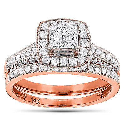 1.93ct 14K Gold Princess Cut Diamond Halo Engagement Ring Set