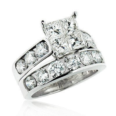 4ct 14K Gold Round and Princess Cut Large Diamond Engagement Ring Set