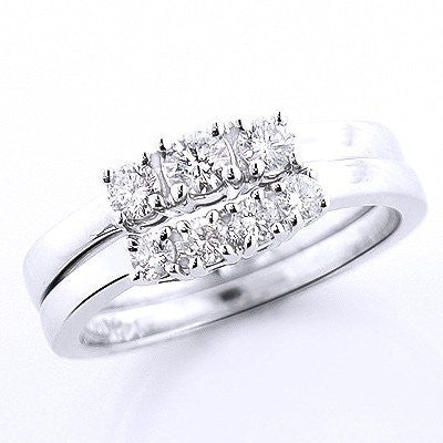 14k Gold Diamond Three Stone Engagement Ring Set with Wedding Band