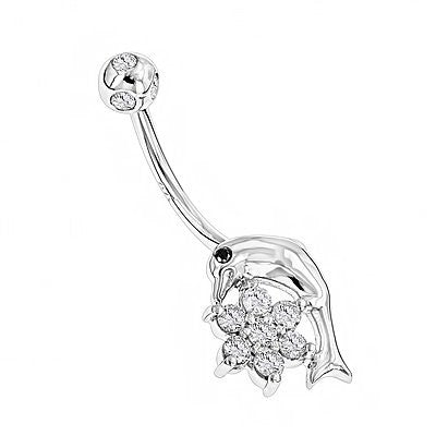 14K Gold and Diamond Body Jewelry 0.42ct Dolphin Belly Button Ring