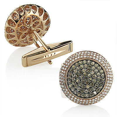 Round Champagne and White Diamond Mens Cufflinks 14K Gold