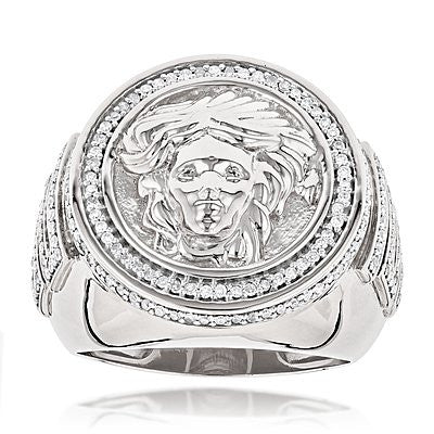 14K Gold Diamond Mens Versace Style Ring 1.88ct Medusa