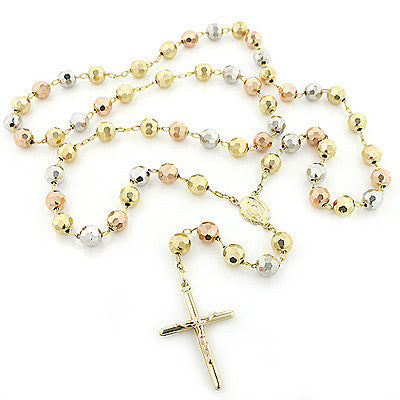 14K Gold Rosary Beads Three Tone Chain Necklace 8mm 30in