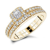 Halo Diamond Engagement Ring and Band Set 14K Gold 1ct