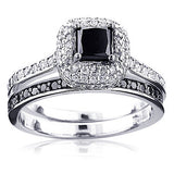 10K Gold White Black Diamond Unique Bridal Engagement Ring Set 1.2ct