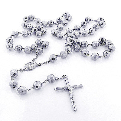 14K Solid White Gold Rosary Beads Necklace 7mm 30in Acc