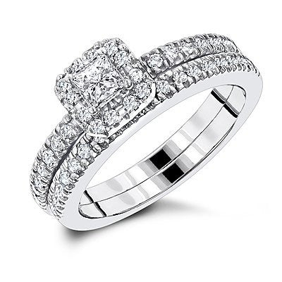 Halo Diamond Engagement Ring and Band Set 14K Gold 1ct