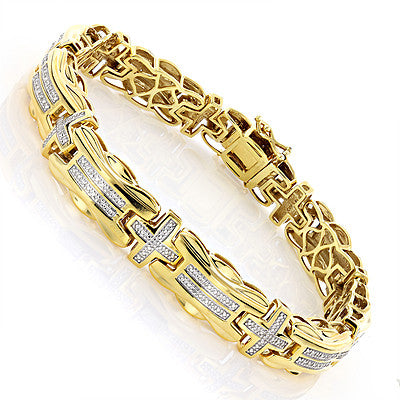 0.30ct Yellow Gold Plated Sterling Silver Men's Diamond Cross Bracelet