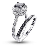 10K Gold White Black Diamond Unique Bridal Engagement Ring Set 1.2ct