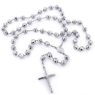14K White Gold Rosary Beads Chain Necklace 8mm 30in